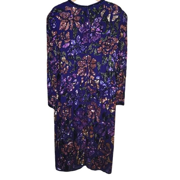 OLEG CASSINI Silk Sequin Beaded Dress Size 18 Purple Floral Formal 100% Silk - Picture 3 of 13